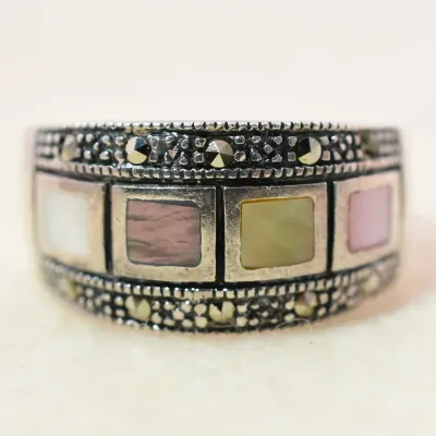 Mother Of Pearl & Marcasite Sterling Silver Band Ring