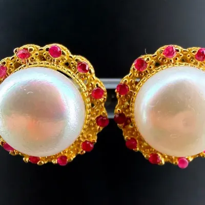 Pearl & Ruby Gold Vermeil Sterling Silver Earrings