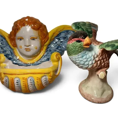 Majolica Style Ceramic Wall Pocket & Mottahedah Italy Parrot 