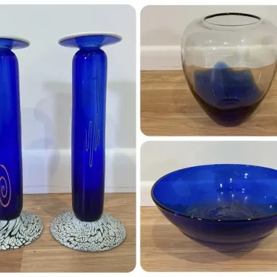Blown Blue Glass Bowl, Vase & Candlesticks 