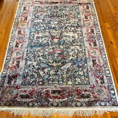 Silk Persian Rug Animal And Hunting Motif