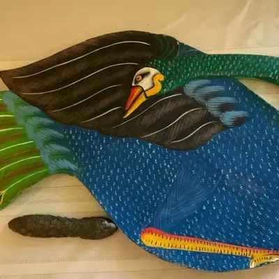 Wood Painted Peacock Tray And Pewter Peacock 