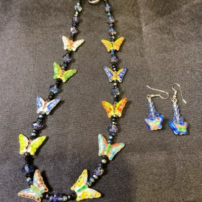 Cloisonné Style Butterfly Necklace With Earrings 18” 
