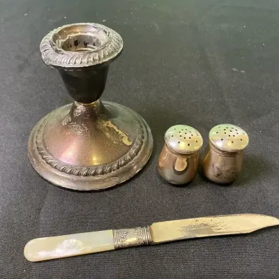 Weighted Sterling Candle Stick, Knife And Salt And Pepper 