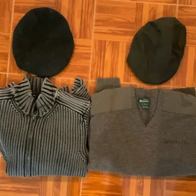 Men’s Beretta Wool Blend Sweater, J. Peterman Zip Up Knit Sweater, A Barbour Hat, And Wool Blend Hat