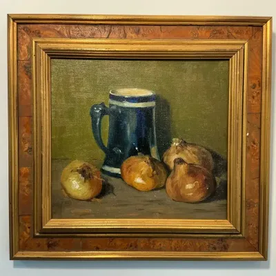 Louis J. Feuchter Still Life of Mug & Onions Oil on Canvas (14.5 x 15.5)