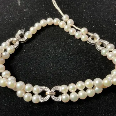 14k White Gold Small Diamond Multi Strand Cultured Pearl Bracelet (Broken)