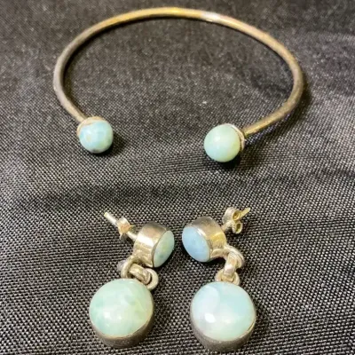 Sterling Silver Chalcedony Bangle Bracelet With Earrings 