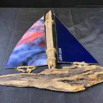 Stained Glass And Driftwood Sail Boat 