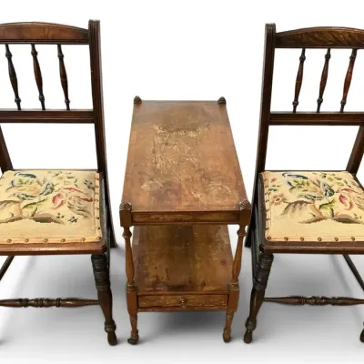 Two Needlepoint Chairs & Small Table (Chairs 14.5 x 15 x 34)