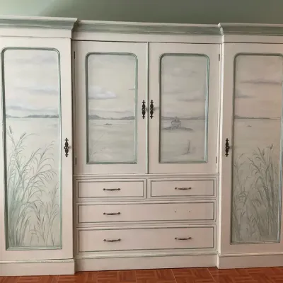 Hand Painted Wooden Armoire (6’ 10.5” H X 8’ 5” W X 1’ 11” D)