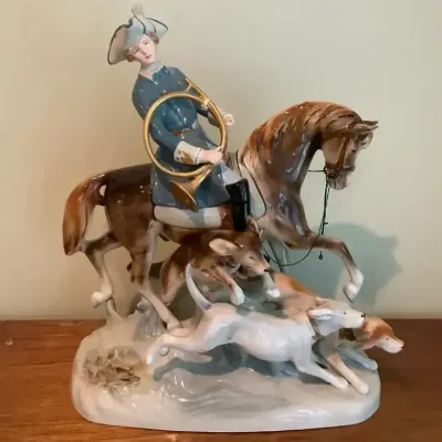 Mid Century Royal Dux Bohemia Porcelain Equestrian Fox Hunt Sculpture 