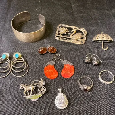 Sterling Silver Brooches, Earrings, Steiff Bracelet 