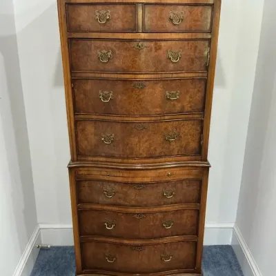 Georgian Bow Front Burl Walnut Tall Chest of Drawers (17 x 35 x 61)