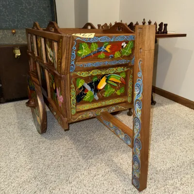 Sale Photo Thumbnail #1321: See photos
25 inches tall, 41 inches long, 18 inches wide
Traditional oxcart design, but is actually a bar cart