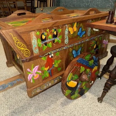 Sale Photo Thumbnail #1322: See photos
25 inches tall, 41 inches long, 18 inches wide
Traditional oxcart design, but is actually a bar cart