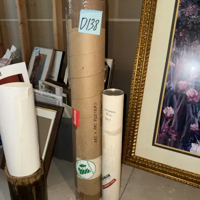 Sale Photo Thumbnail #1752: Two signed posters inside tube on right