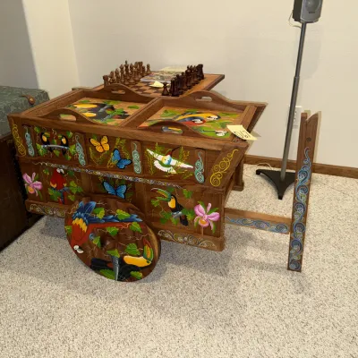 Sale Photo Thumbnail #1318: See photos
25 inches tall, 41 inches long, 18 inches wide
Traditional oxcart design, but is actually a bar cart