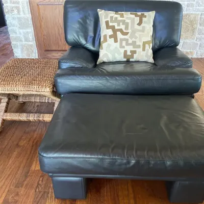 Black Leather Chair, Ottoman And Natural Rattan End Table