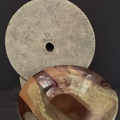 Resin Sculptural Disc And Glazed Pottery
