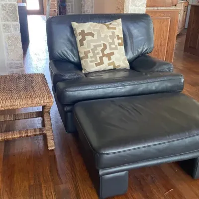 Black Leather Chair (2 of 2), Ottoman And Rattan End Table