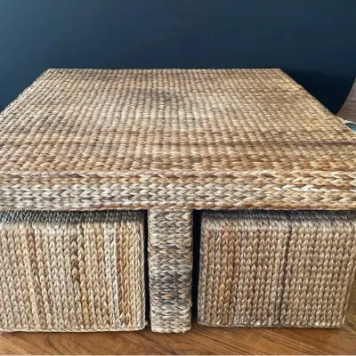 Modern Seagrass Coffee Table with Stools