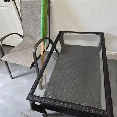 Patio Coffee Table, Chair & Tiki Torches 