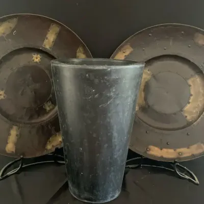 Two Metal Platters And Metal Vase