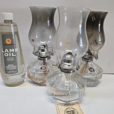 3 Glass Hurricane Oil Lamps, 