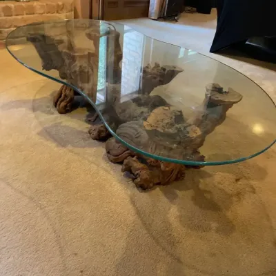 Glass Table Top With Faux Raw Wood Base