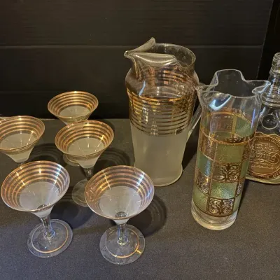 Vintage Mid-Century Gold Trim Frosted Glass Martini Set with 6 Matching Glasses & More