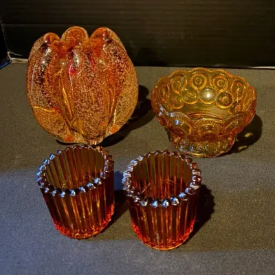 Vintage MCM Blown Glass Amber Bubble Vase, Candle Holders  & More