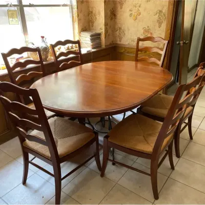 Wooden Kitchen Table With Metal Base & Six Chairs