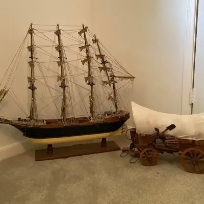 Wooden Model of a Three-masted Clipper Ship & Model Chuck wagon 