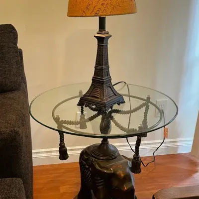 Elephant Pedestal Side Table with Glass Top & Decorative Eiffel Tower Table Lamp