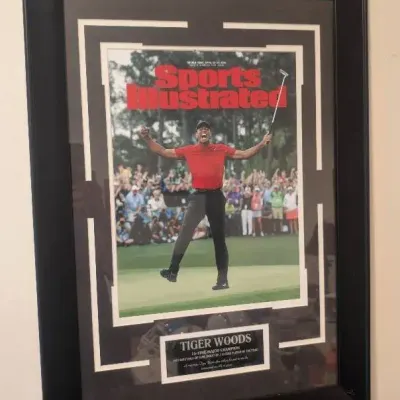 Framed display of Tiger Woods iconic cover of Sports Illustrated, 2019 Masters Tournament Victory