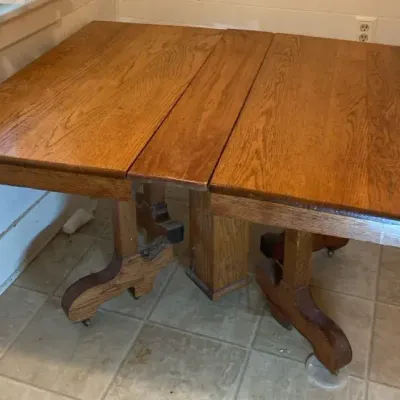 Vintage Oak Kitchen Table With Leaf On Wheels 