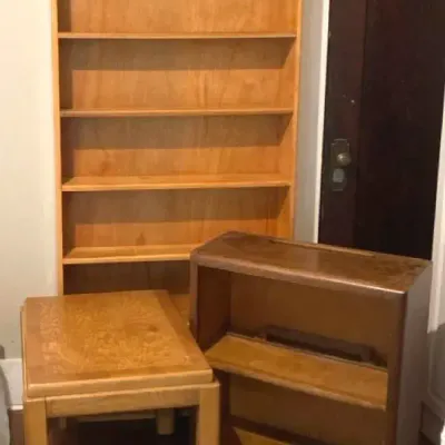 Vintage Bookshelf Pair & Wooden Table 