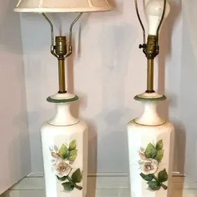 Vintage Mid Century Ceramic Rose Table Lamp Pair