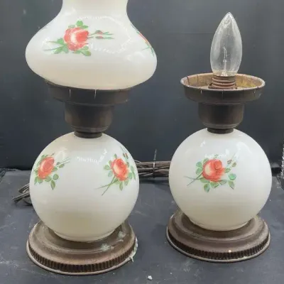Pair Of Vintage Milk Glass Hurricane Table Lamps