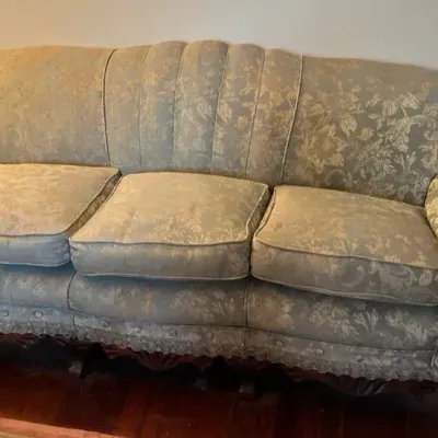 Vintage Sofa With Ornate Wood Accents