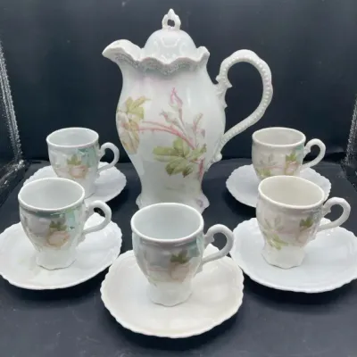 Leuchtenberg China white floral chocolate pot With Cups & Saucers 