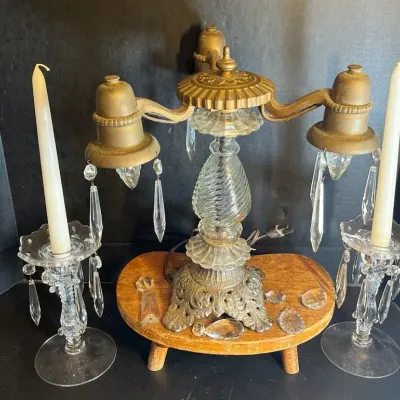Vintage 3-Arm Brass And Crystal Table Lamp