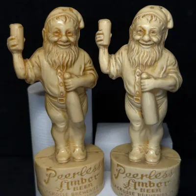Sale Photo Thumbnail #25: Peerless amber beer figural gnome salt and pepper shakers