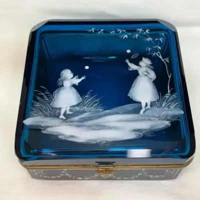 Sale Photo Thumbnail #127: Mary gregory cobalt blue crystal glass lidded box