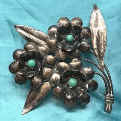 Sale Photo Thumbnail #101: Vintage mexican silver and turquoise floral bouquet brooch