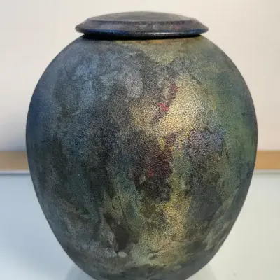 Sale Photo Thumbnail #181: 1995 raku ceramic lidded vase signed gibson