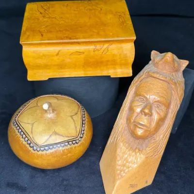 Sale Photo Thumbnail #147: Folk art wood carving lidded box gourd