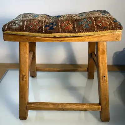 Sale Photo Thumbnail #100: Vintage saddle seat stool with kilim style pillow
