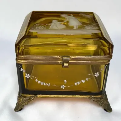 Sale Photo Thumbnail #125: Mary gregory yellow crystal glass casket box